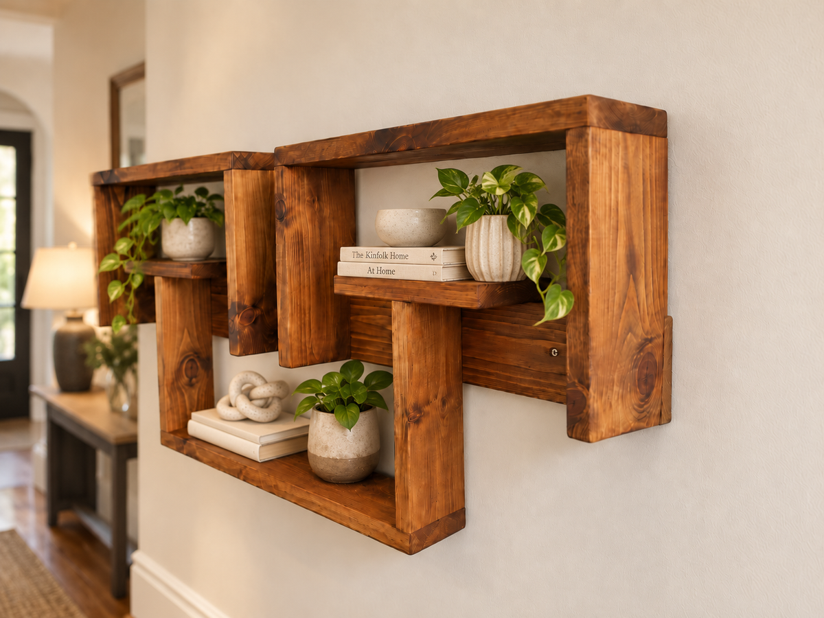 Interlocking Wooden Wall Shelf – Large Pine Display Shelf
