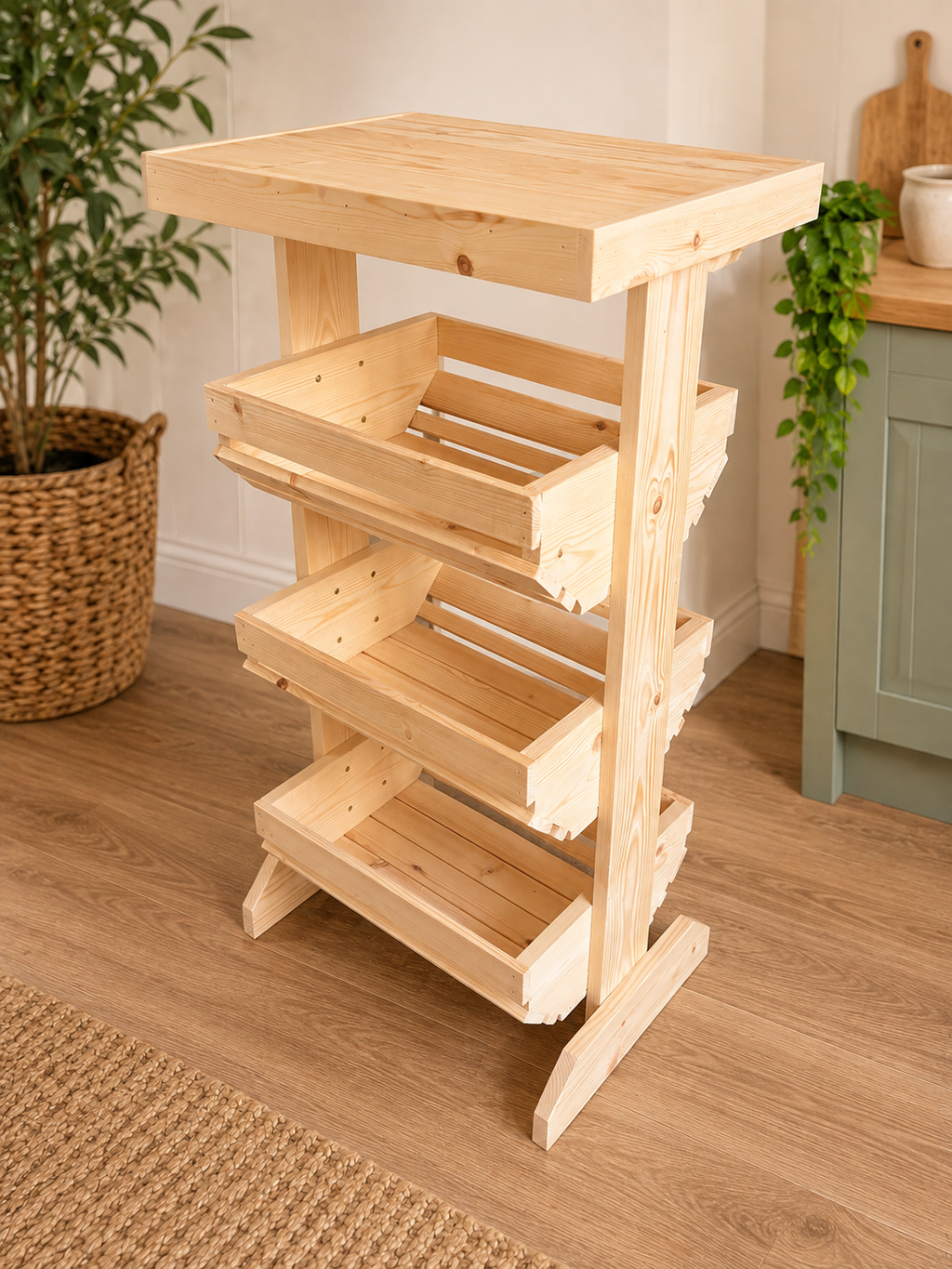 Wooden Fruit & Vegetable Storage Rack, 3 Tier Kitchen Produce Stand, Freestanding Pine Pantry Organiser with Top Shelf