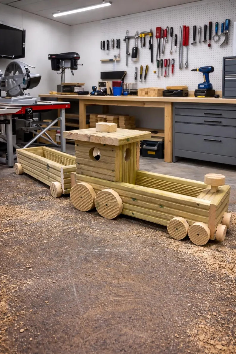 Handmade Wooden Train Planter – Garden Train with Carriages