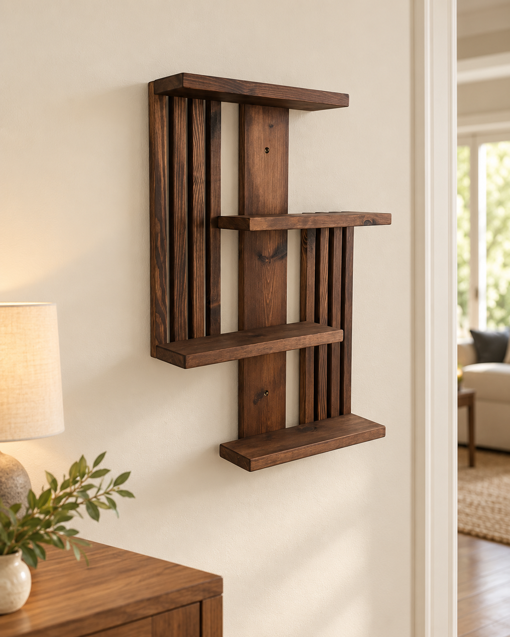 Handmade Geometric Pine Wall Shelf, Modern Rustic Plant Display (60cm Height)
