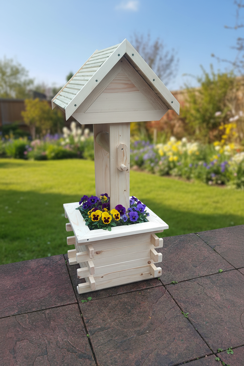 Handmade Solid Pine Wishing Well Planter – Rustic Garden Feature, UK Made