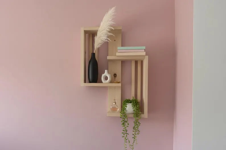 Geometric Solid Pine Shelf – Modern Scandinavian Floating Decor (Handmade)