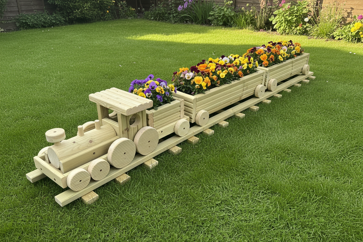 Wooden Train Garden Planter with Tracks | Large Outdoor Flower Planter | Railway Planter | Herb Garden Planter | Handmade Wooden Train