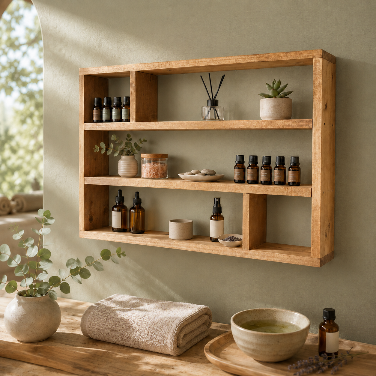 Essential Oil Shelf, Wide Wooden Wall Display Shelf, Essential Oil Storage Rack, Rustic Aromatherapy Organiser | FRYDECO