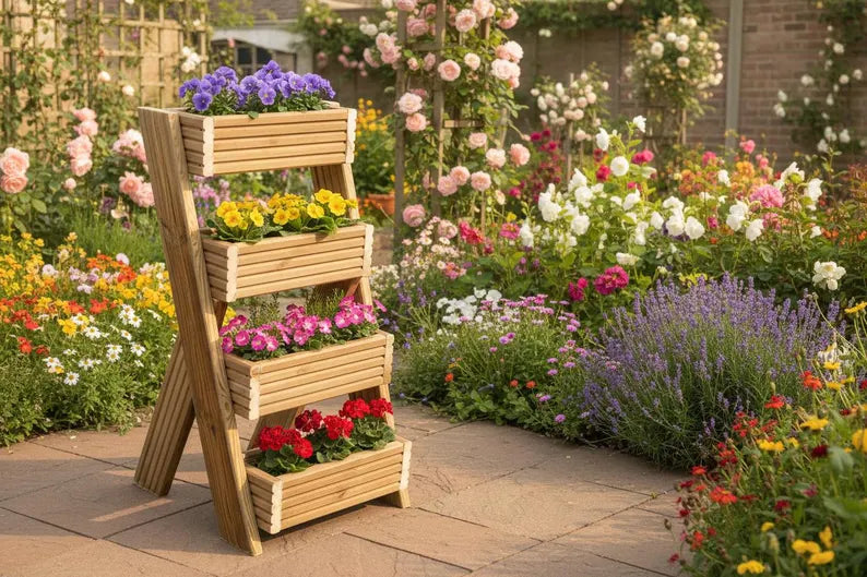 4-Tier Wooden Planter Stand - Garden Plant Display Stand | FRYDECO
