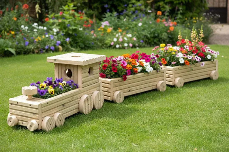 Handmade Wooden Train Planter – Garden Train with Carriages