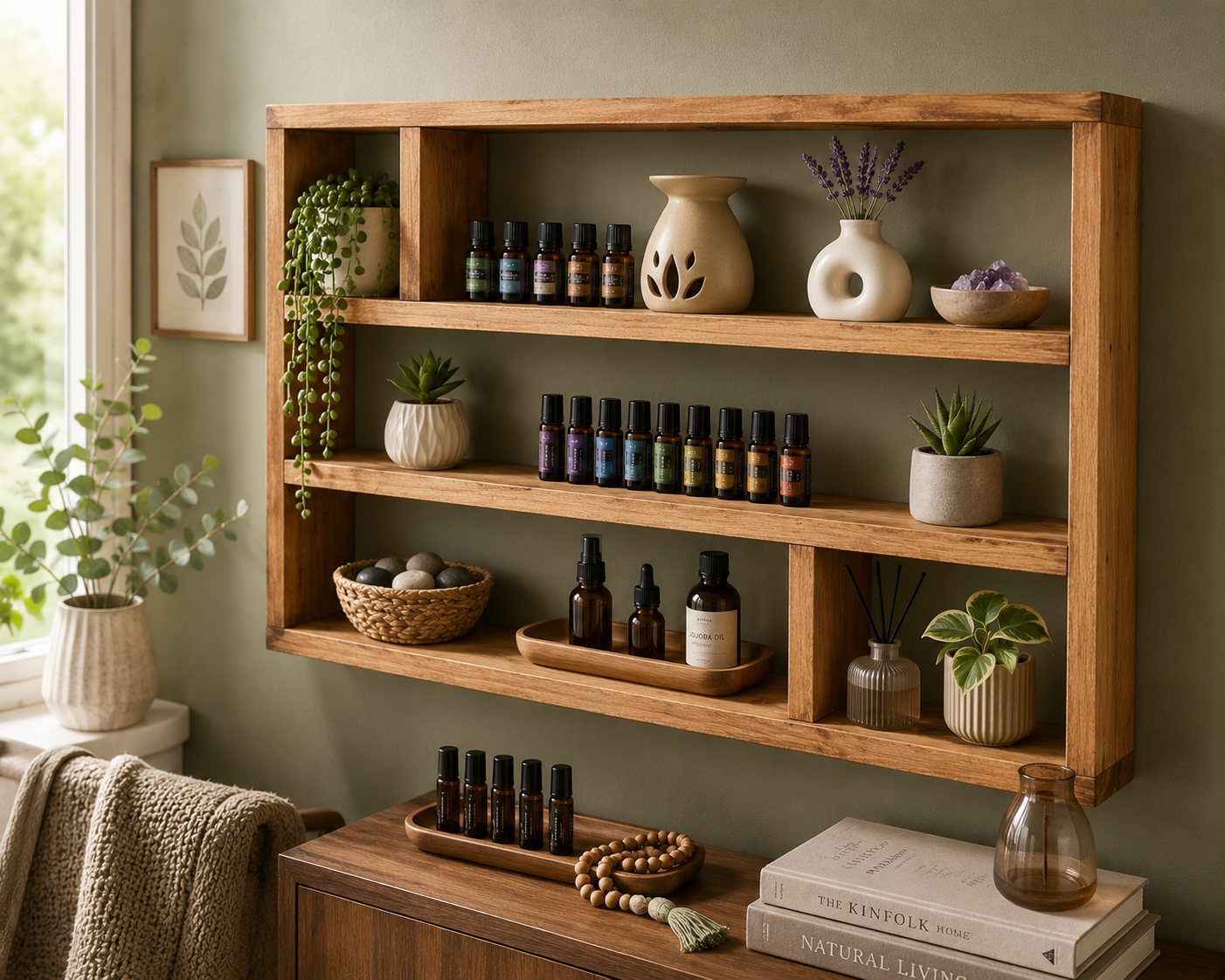 Essential Oil Shelf, Wide Wooden Wall Display Shelf, Essential Oil Storage Rack, Rustic Aromatherapy Organiser | FRYDECO