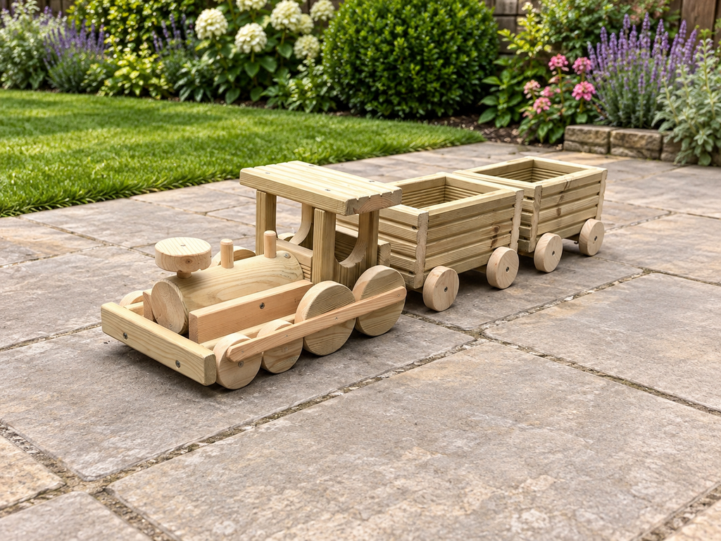 Wooden Train Garden Planter with Engine and 2–6 Carriages, Handmade Pressure-Treated Timber