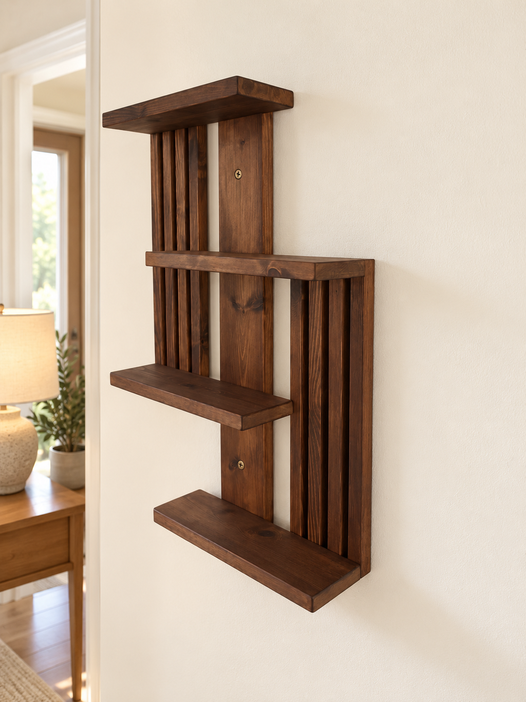 Handmade Geometric Pine Wall Shelf, Modern Rustic Plant Display (60cm Height)