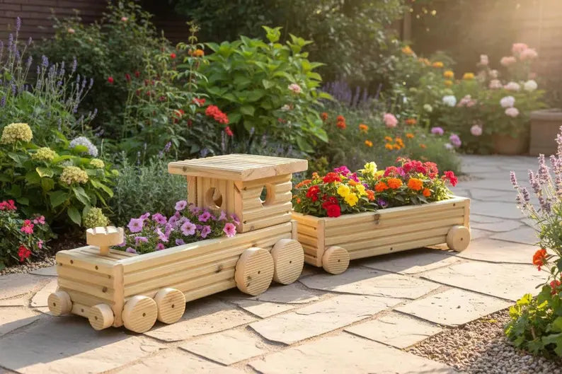 Handmade Wooden Train Planter | Garden Train with Carriages | FRYDECO