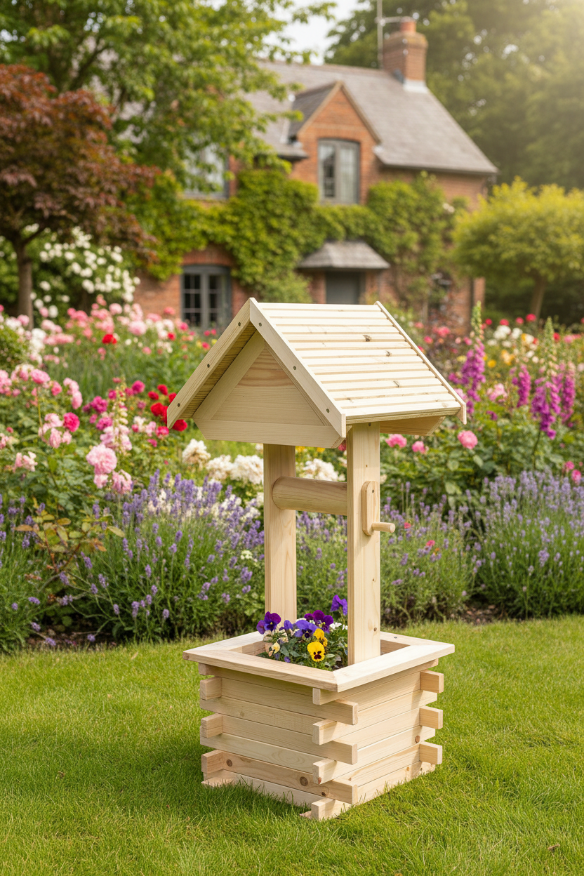 Handmade Solid Pine Wishing Well Planter – Rustic Garden Feature, UK Made