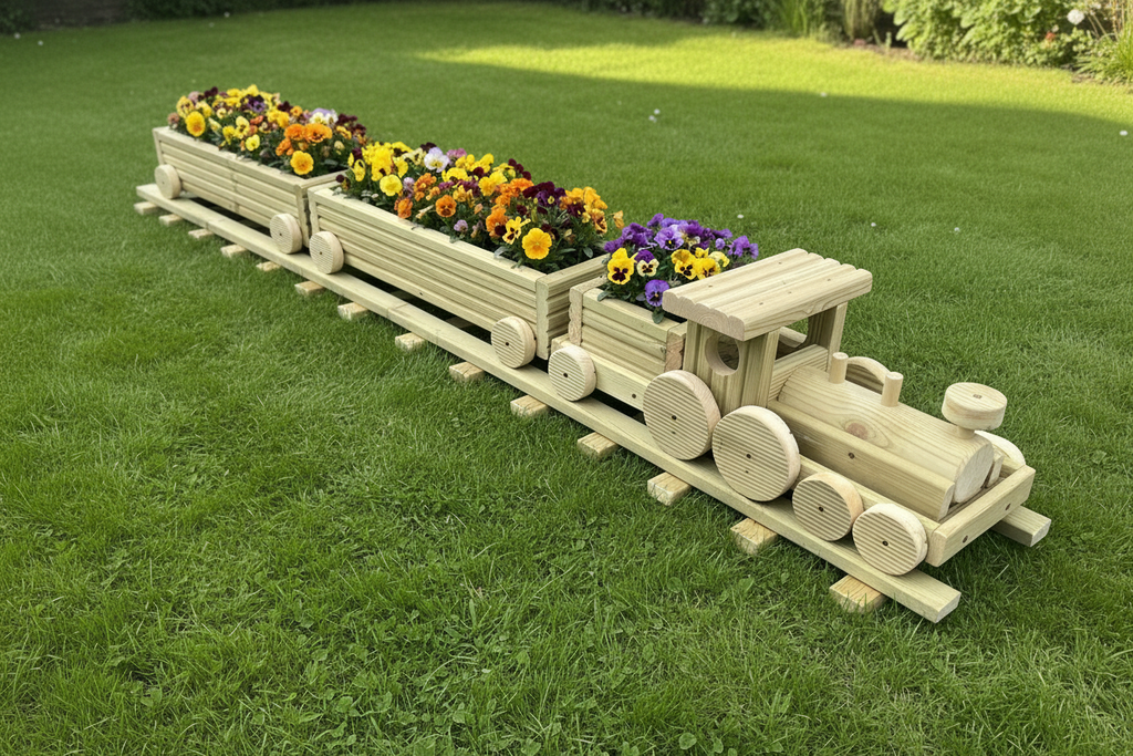 Wooden Train Garden Planter with Tracks | Large Outdoor Flower Planter | Railway Planter | Herb Garden Planter | Handmade Wooden Train