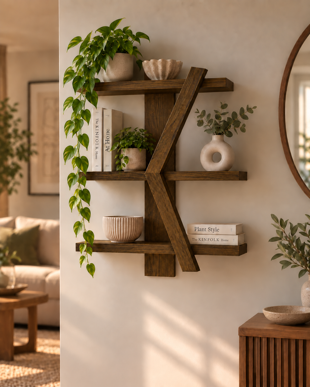 Geometric Wooden Wall Shelf | Handmade 3-Tier Pine Shelf