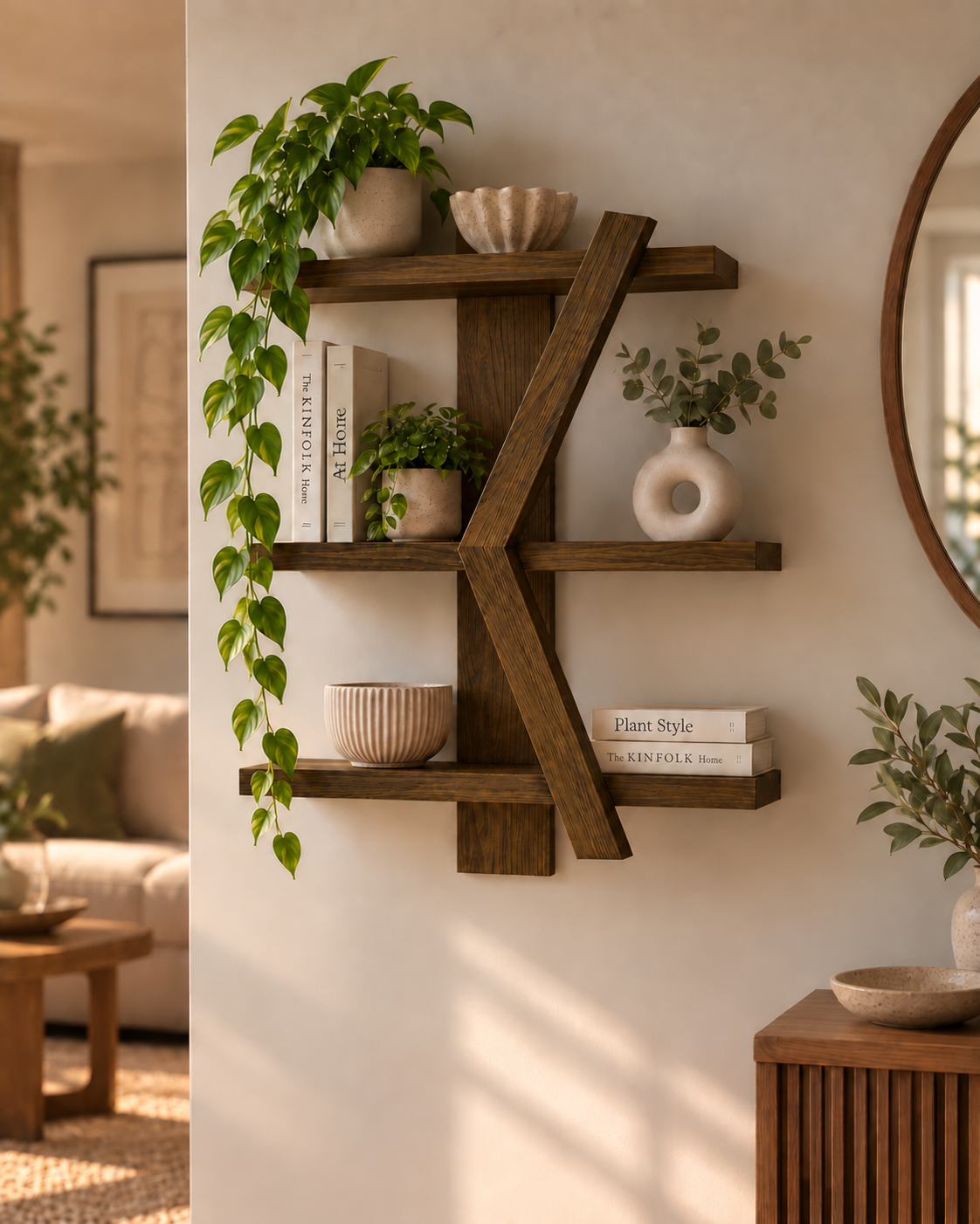 Geometric Wooden Wall Shelf | Handmade 3-Tier Pine Shelf