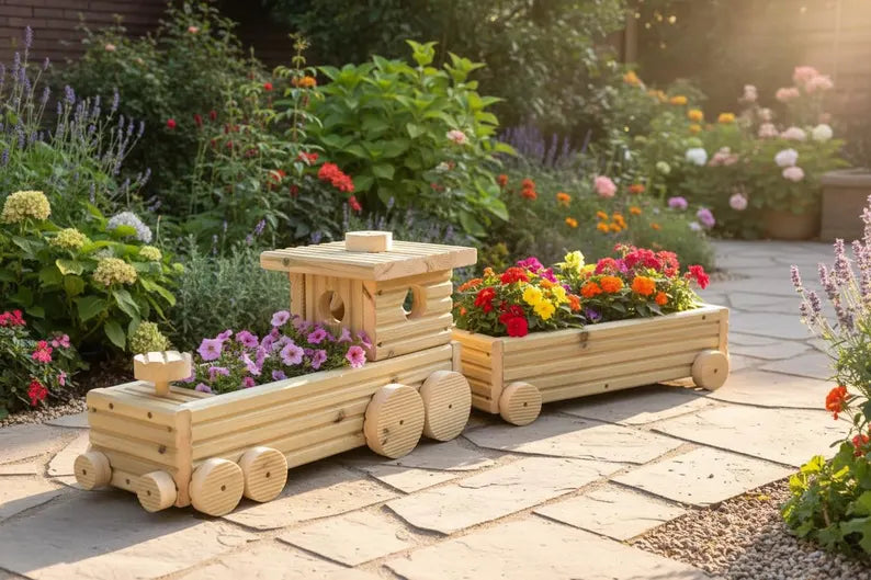 Handmade Wooden Train Planter – Garden Train with Carriages
