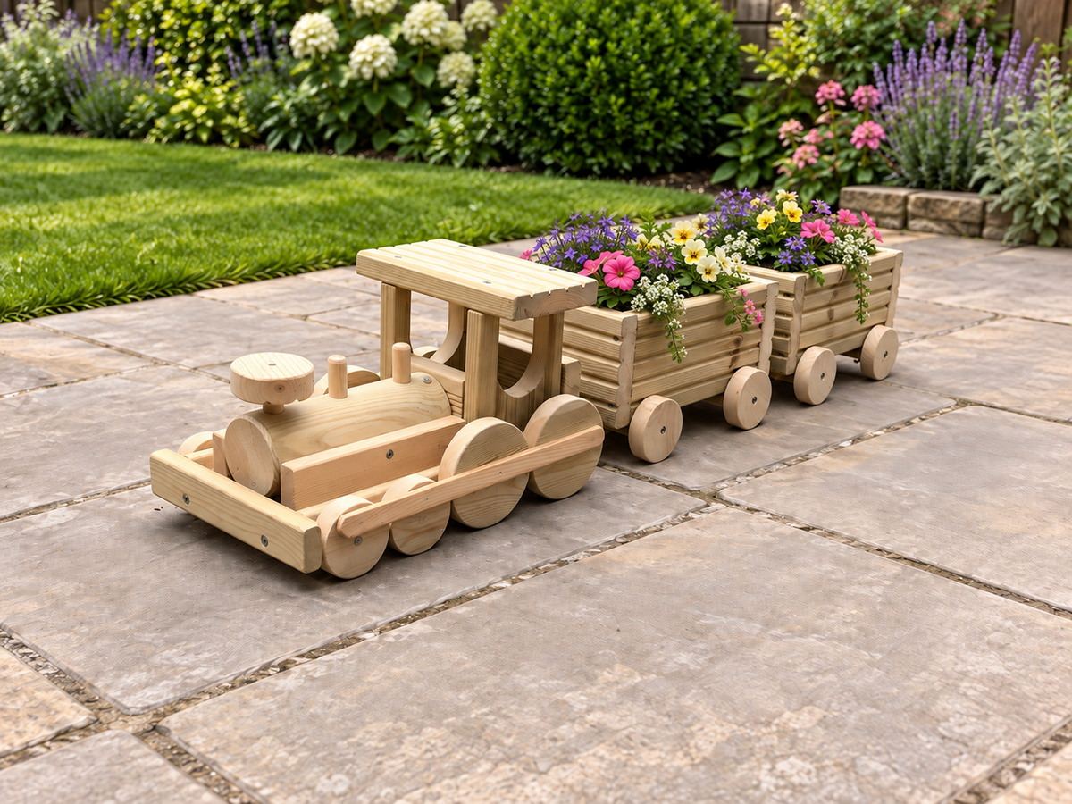 Wooden Train Garden Planter with Engine and 2–6 Carriages, Handmade Pressure-Treated Timber