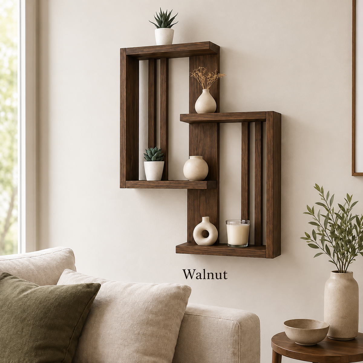 Geometric Solid Pine Wall Shelf Modern Scandinavian Decor Handmade