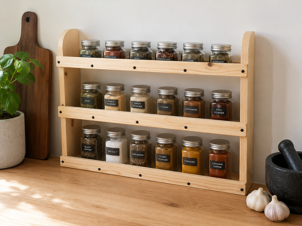 Freestanding Wooden Spice Rack | 3 Tier Pine Kitchen Organiser | FRYDECO