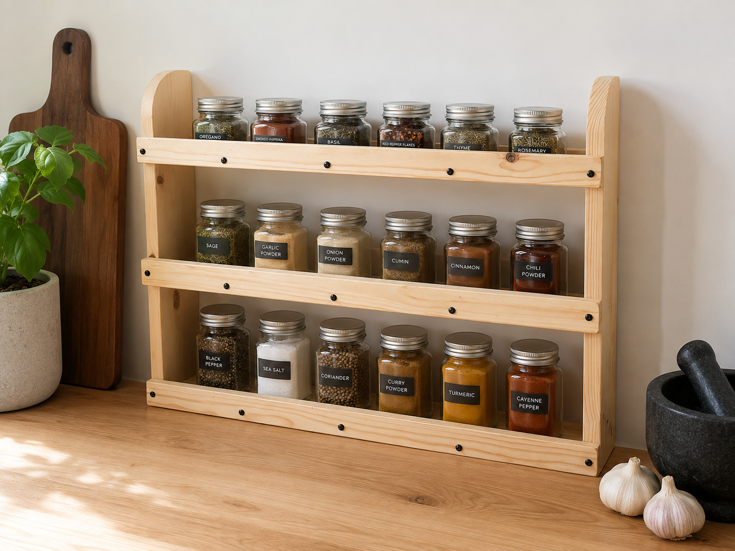 Freestanding Wooden Spice Rack | 3 Tier Pine Kitchen Organiser | FRYDECO