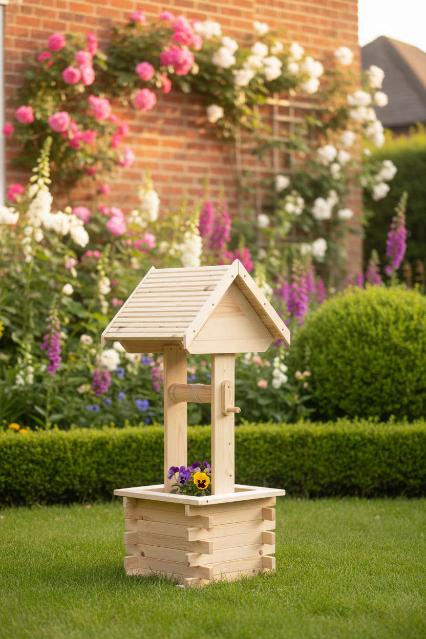 Handmade Solid Pine Wishing Well Planter – Rustic Garden Feature, UK Made
