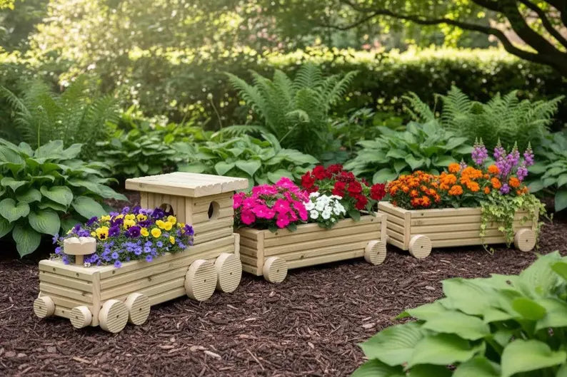 Handmade Wooden Train Planter | Garden Train with Carriages | FRYDECO