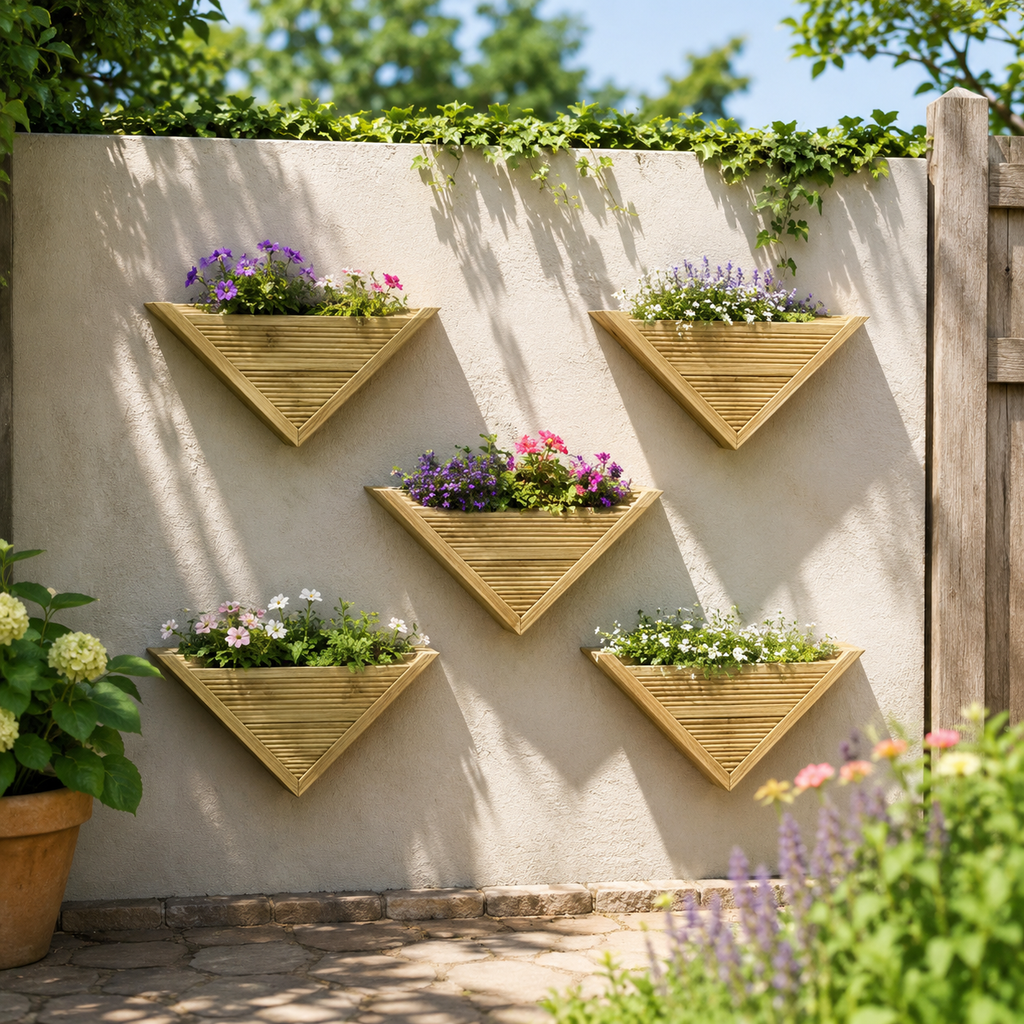 Wooden Triangle Wall Planter, Handcrafted UK Garden Flower Box, Vertical Herb Planter