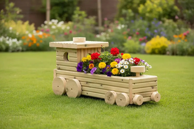 Handmade Wooden Train Planter – Garden Train with Carriages