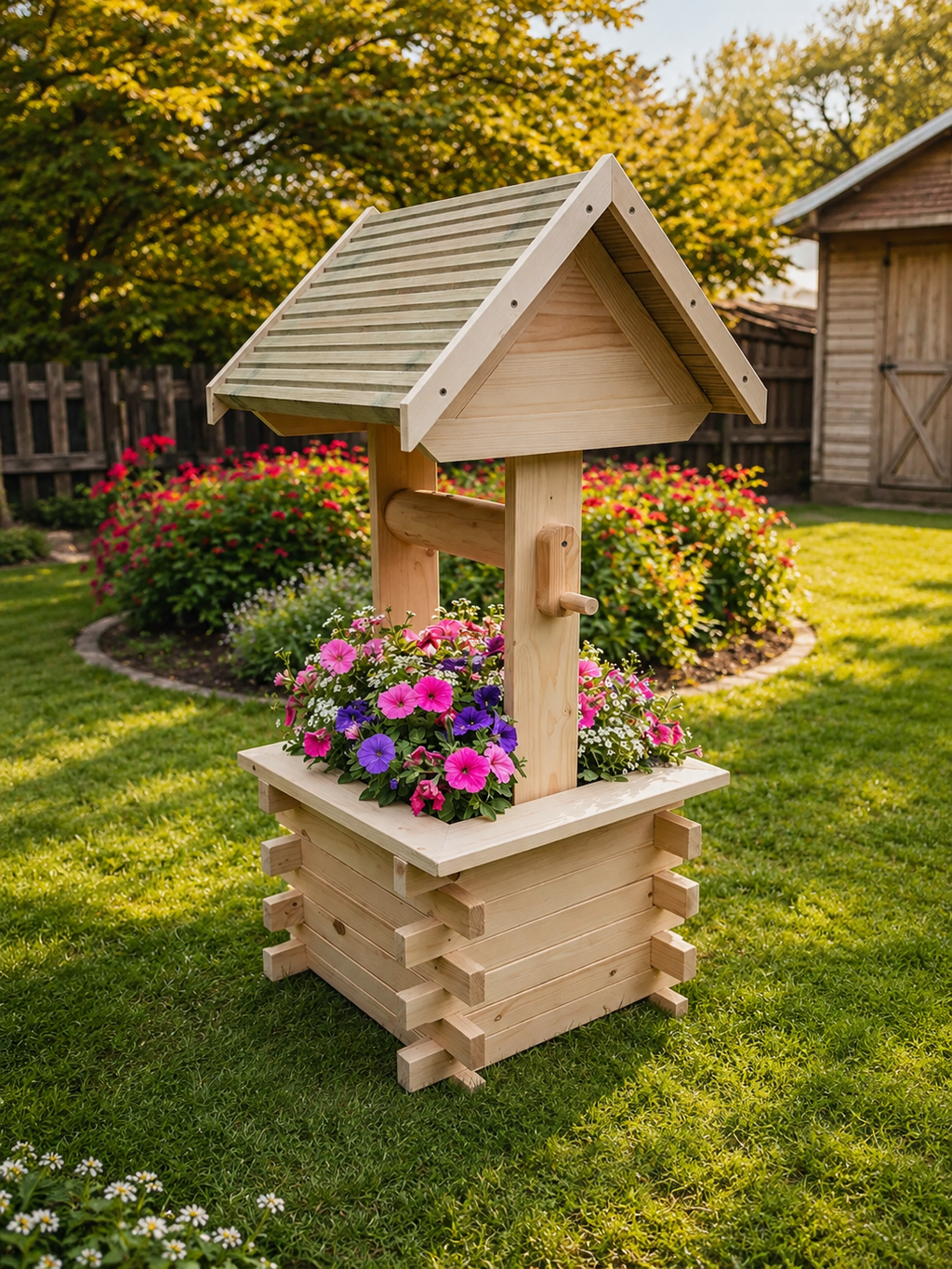 Handmade Solid Pine Wishing Well Planter – Rustic Garden Feature