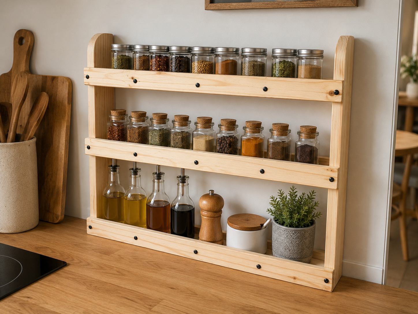 Freestanding Wooden Spice Rack | 3 Tier Pine Kitchen Organiser | FRYDECO