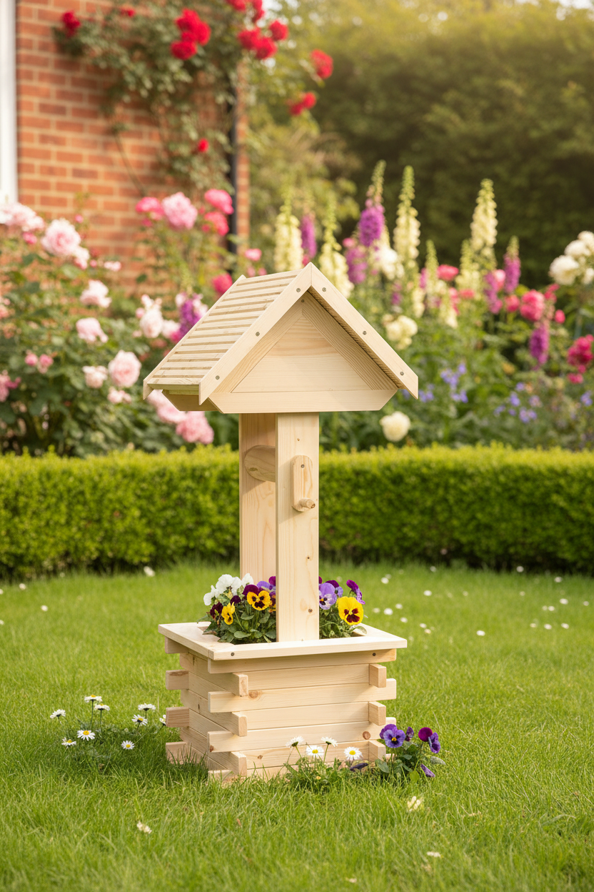Handmade Solid Pine Wishing Well Planter – Rustic Garden Feature, UK Made