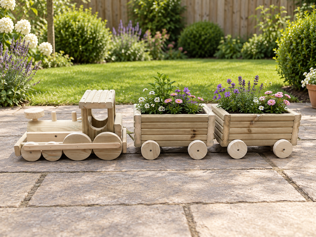 Wooden Train Garden Planter with Engine and 2–6 Carriages, Handmade Pressure-Treated Timber