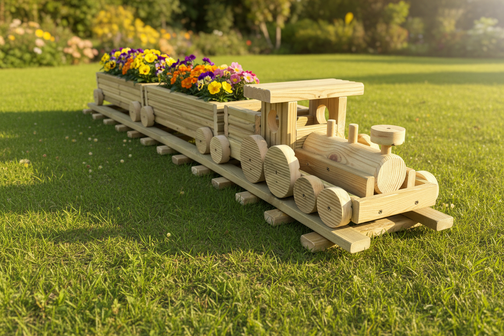 Wooden Train Garden Planter with Tracks | Large Outdoor Flower Planter | Railway Planter | Herb Garden Planter | Handmade Wooden Train