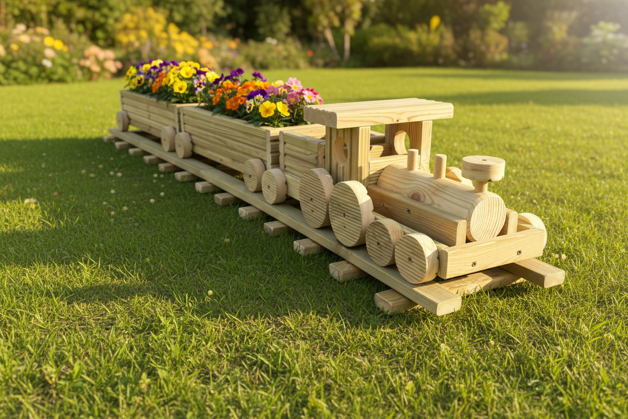 Wooden Train Garden Planter with Tracks | Large Outdoor Flower Planter | Railway Planter | Herb Garden Planter | Handmade Wooden Train
