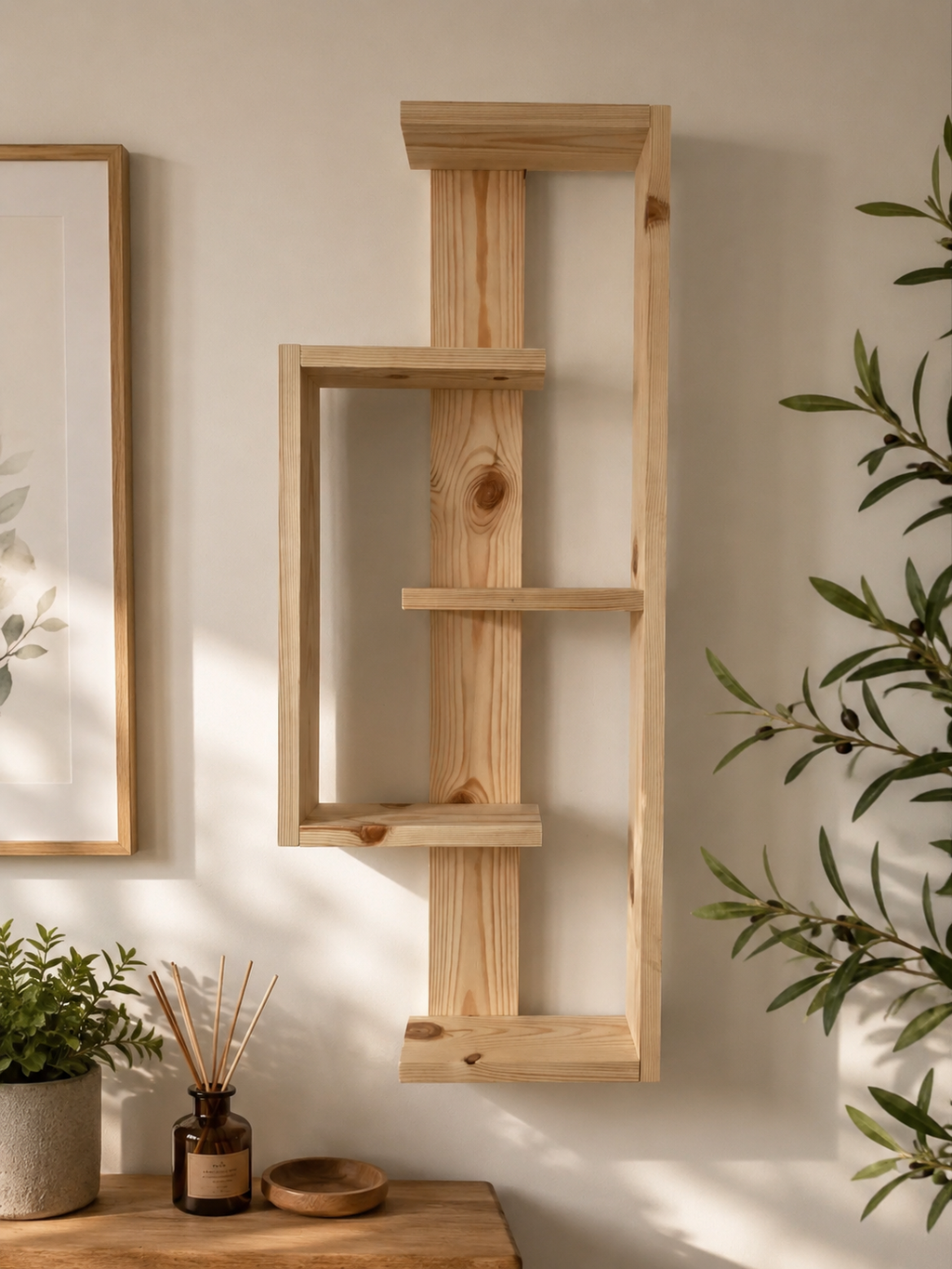 Geometric Pine Wall Shelf – Handmade Asymmetrical Display
