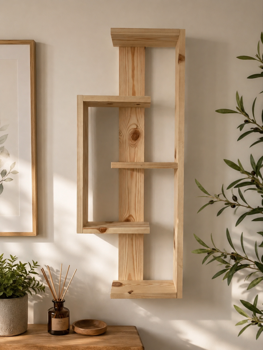 Geometric Pine Wall Shelf – Handmade Asymmetrical Display