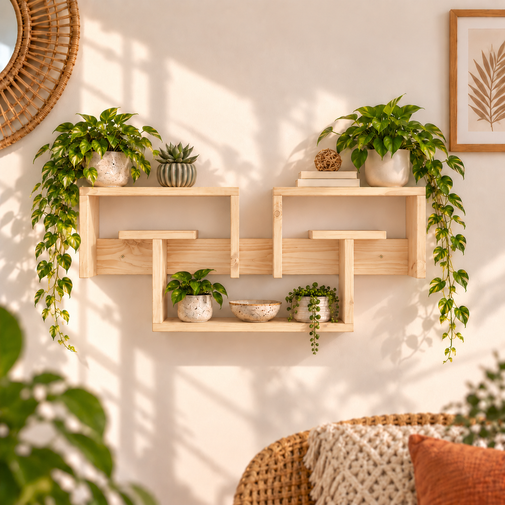 Interlocking Wooden Wall Shelf – Large Pine Display Shelf