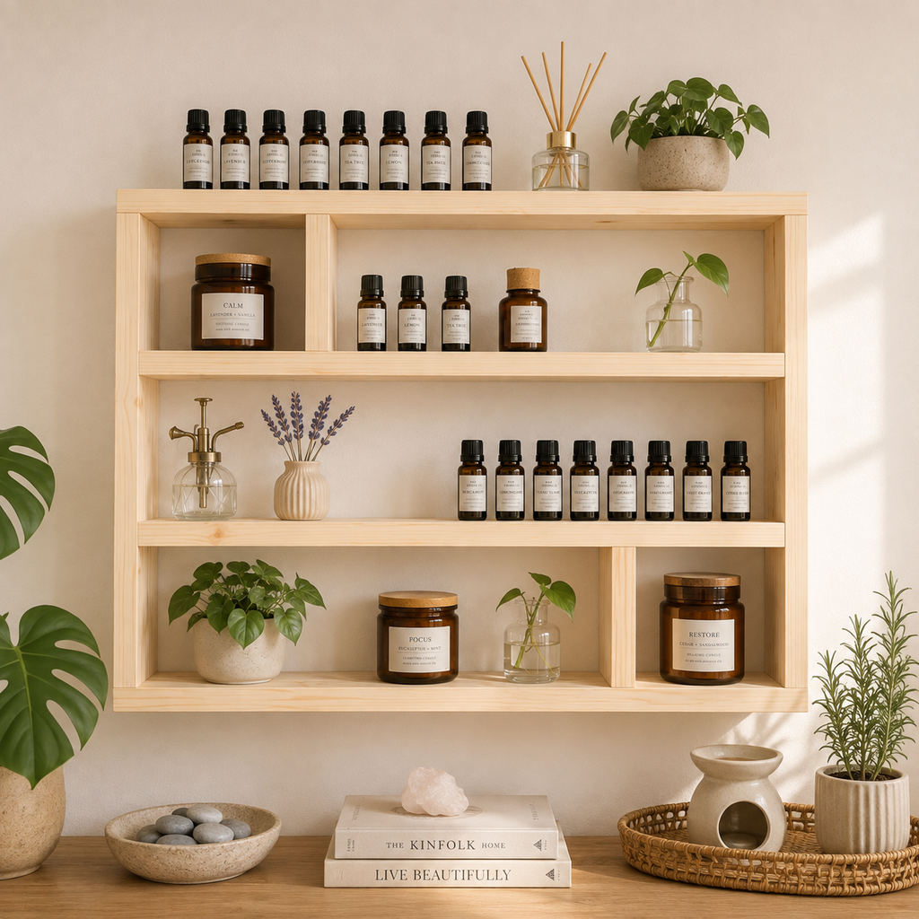 Essential Oil Shelf, Wide Wooden Wall Display Shelf, Essential Oil Storage Rack, Rustic Aromatherapy Organiser | FRYDECO