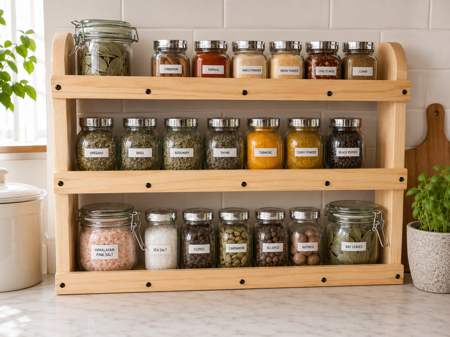 Freestanding Wooden Spice Rack | 3 Tier Pine Kitchen Organiser | FRYDECO