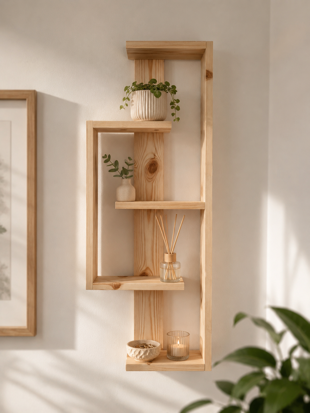 Geometric Pine Wall Shelf – Handmade Asymmetrical Display