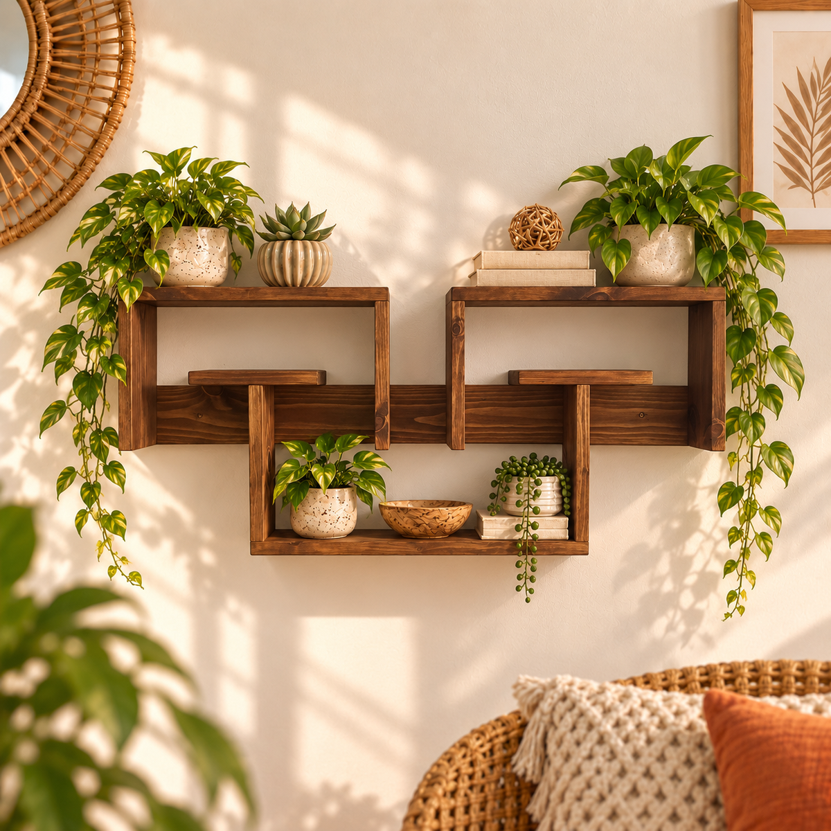 Interlocking Wooden Wall Shelf – Large Pine Display Shelf