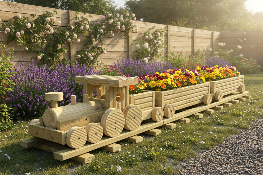 Wooden Train Garden Planter with Tracks | Large Outdoor Flower Planter | Railway Planter | Herb Garden Planter | Handmade Wooden Train
