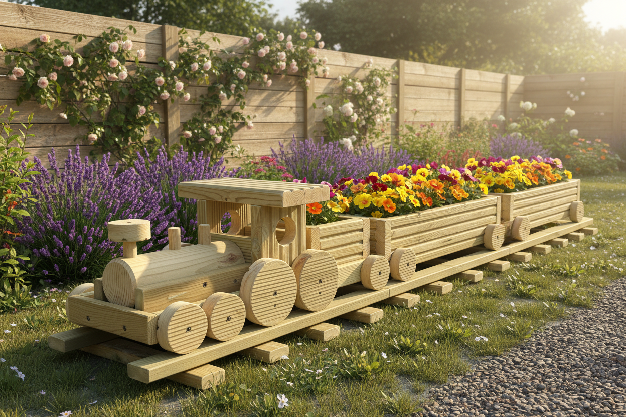 Wooden Train Garden Planter with Tracks | Large Outdoor Flower Planter | Railway Planter | Herb Garden Planter | Handmade Wooden Train