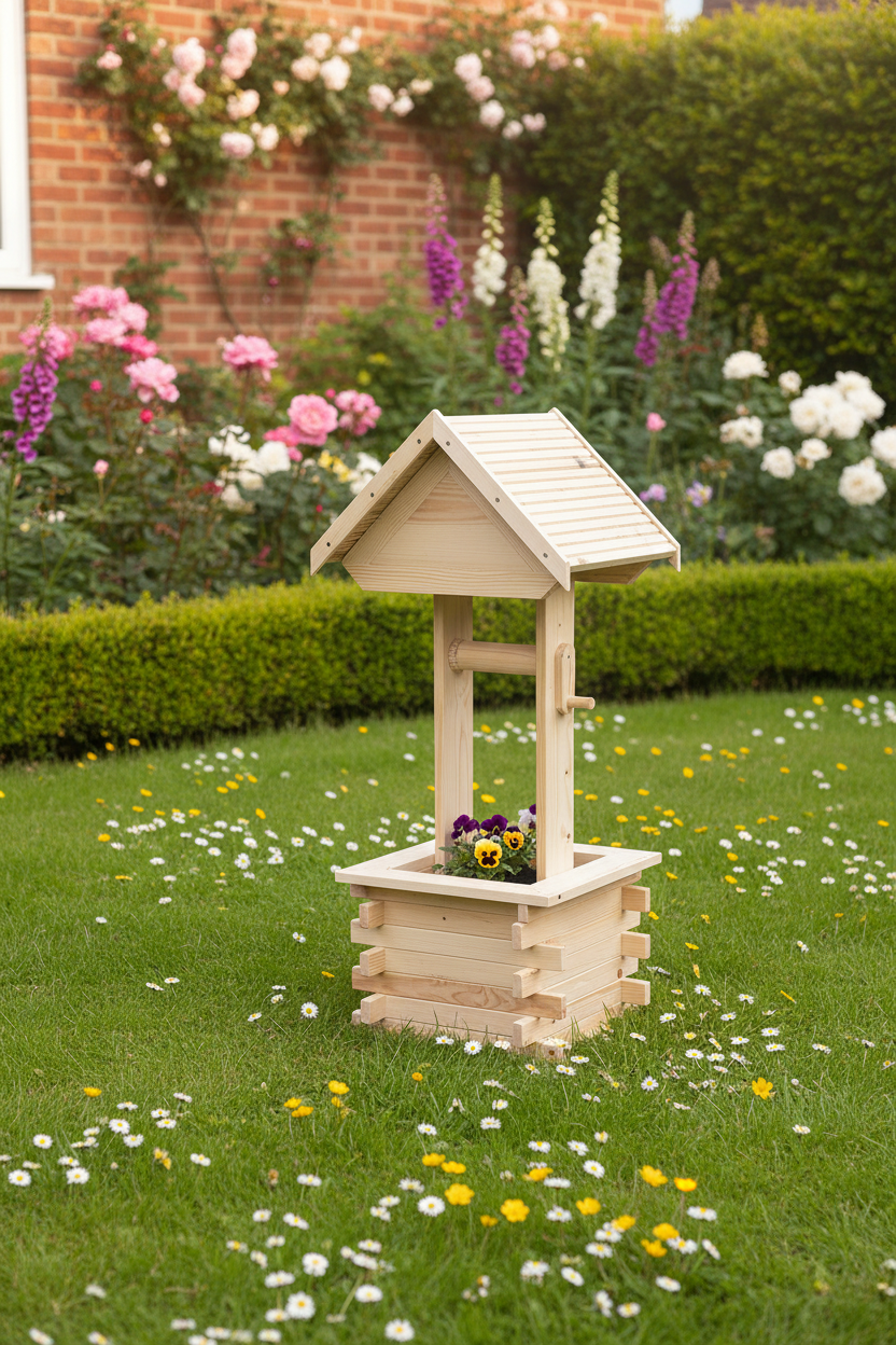 Handmade Solid Pine Wishing Well Planter – Rustic Garden Feature, UK Made