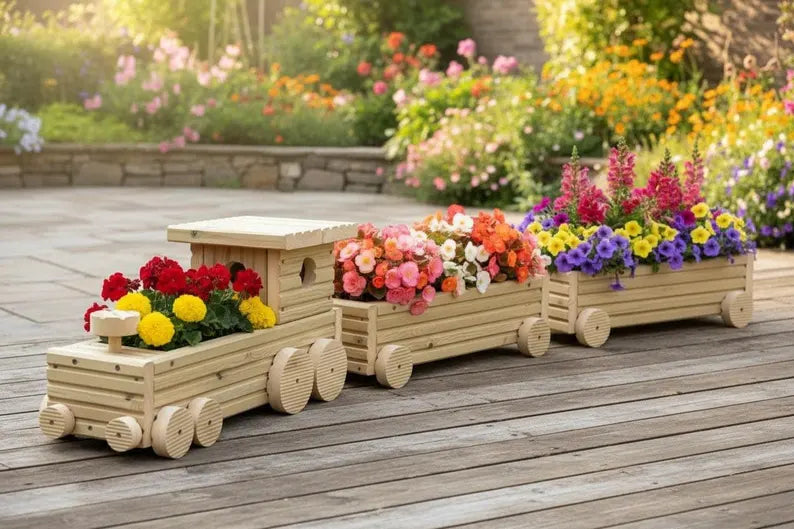Handmade Wooden Train Planter | Garden Train with Carriages | FRYDECO