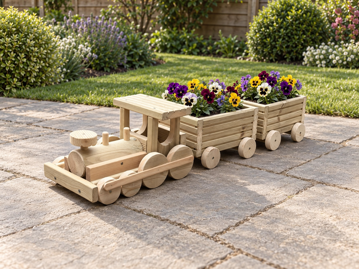 Wooden Train Garden Planter with Engine and 2–6 Carriages, Handmade Pressure-Treated Timber