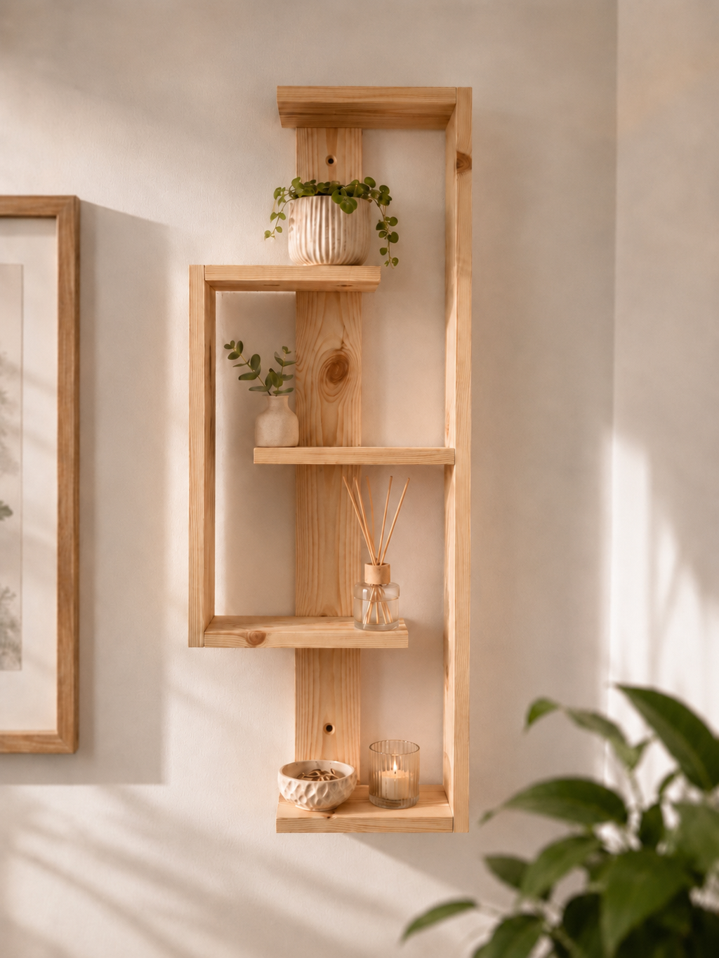 Geometric Pine Wall Shelf – Handmade Asymmetrical Display