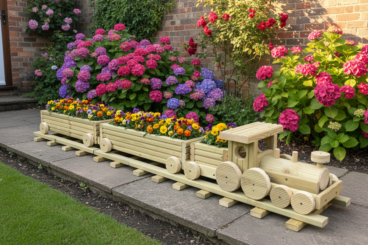 Wooden Train Garden Planter with Tracks | Large Outdoor Flower Planter | Railway Planter | Herb Garden Planter | Handmade Wooden Train