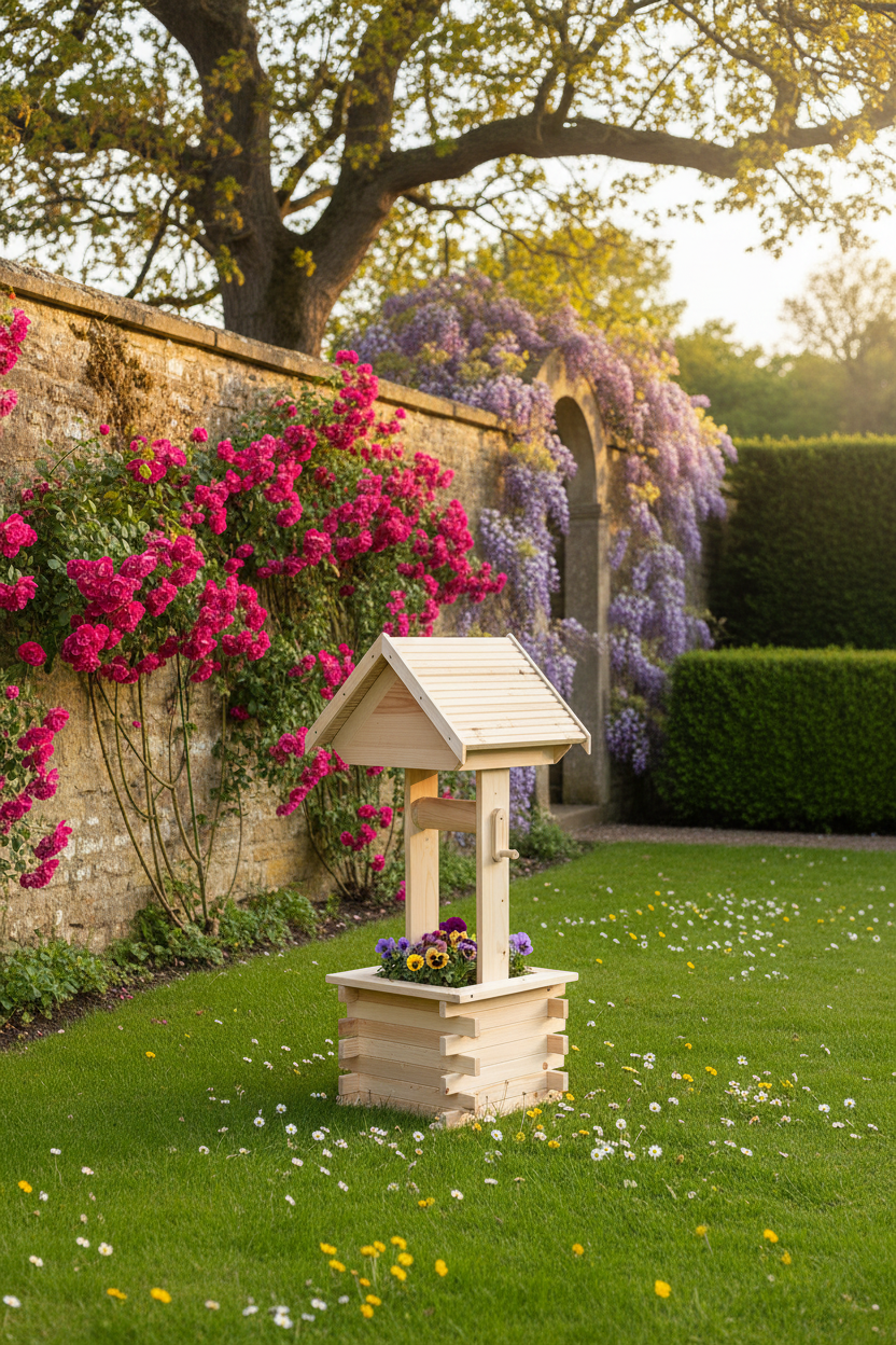 Handmade Solid Pine Wishing Well Planter – Rustic Garden Feature, UK Made