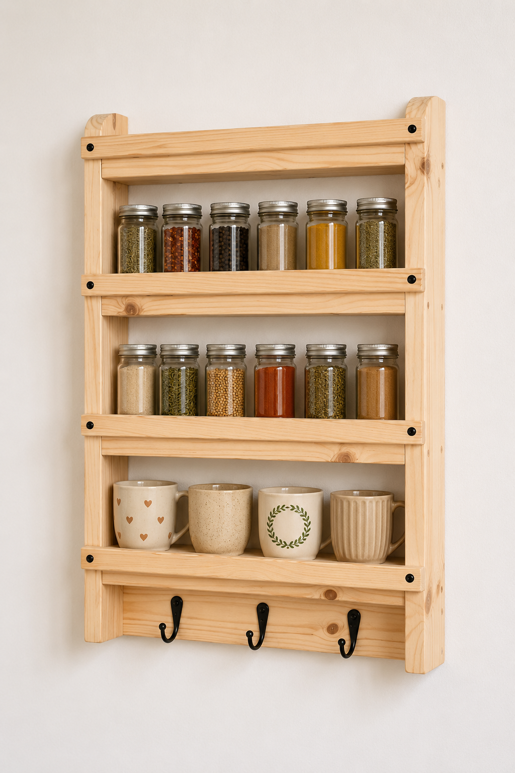 Wooden Spice Rack with Hooks | Wall Mounted Kitchen Shelf | FRYDECO