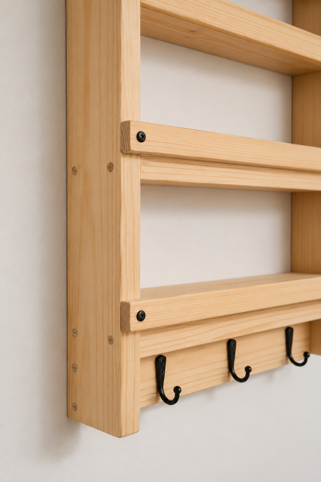 Wooden Spice Rack with Hooks | Wall Mounted Kitchen Shelf | FRYDECO